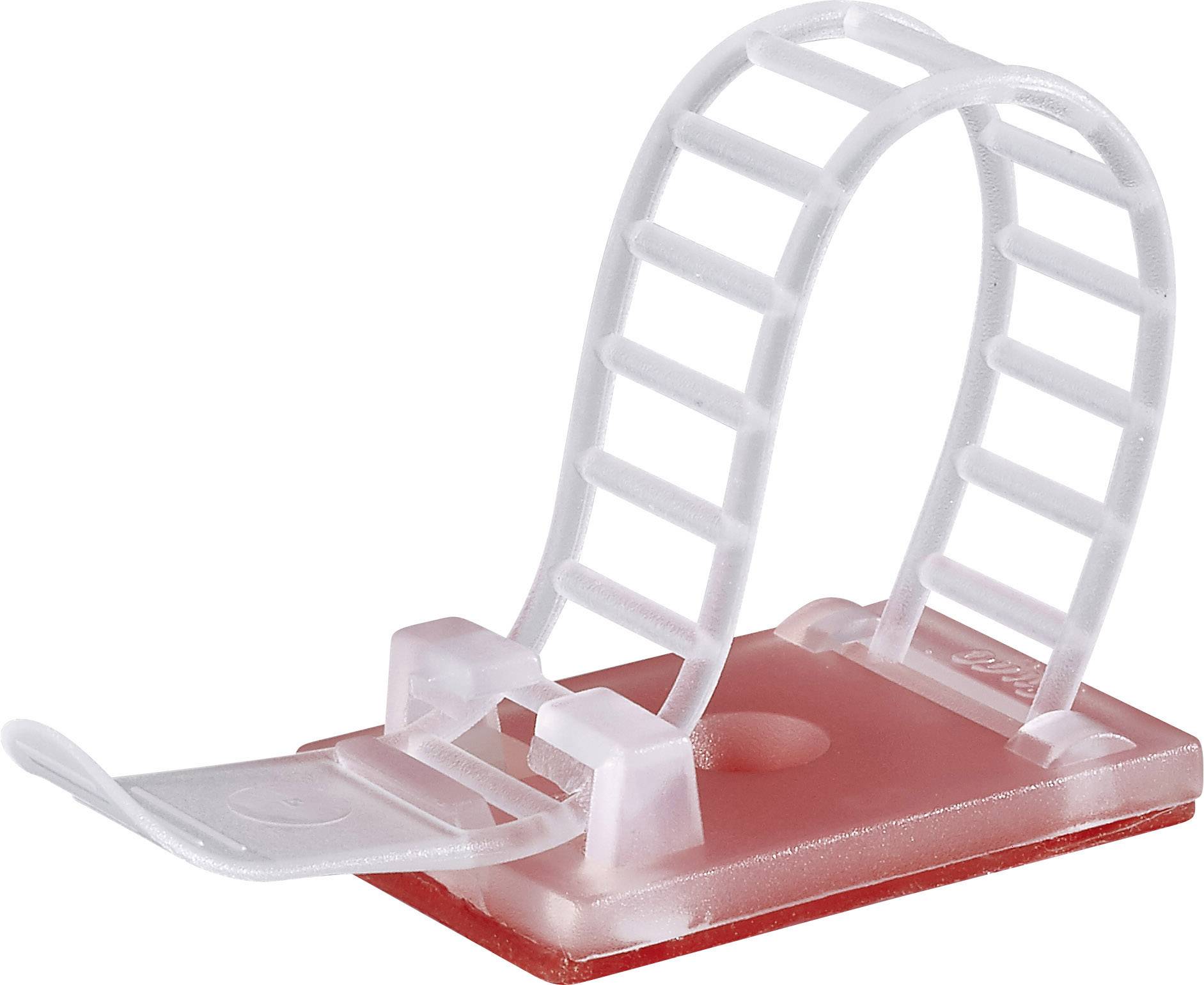 A white cable clip with a red base, securely holding cables in place. Suitable for neat cable management on flat surfaces.