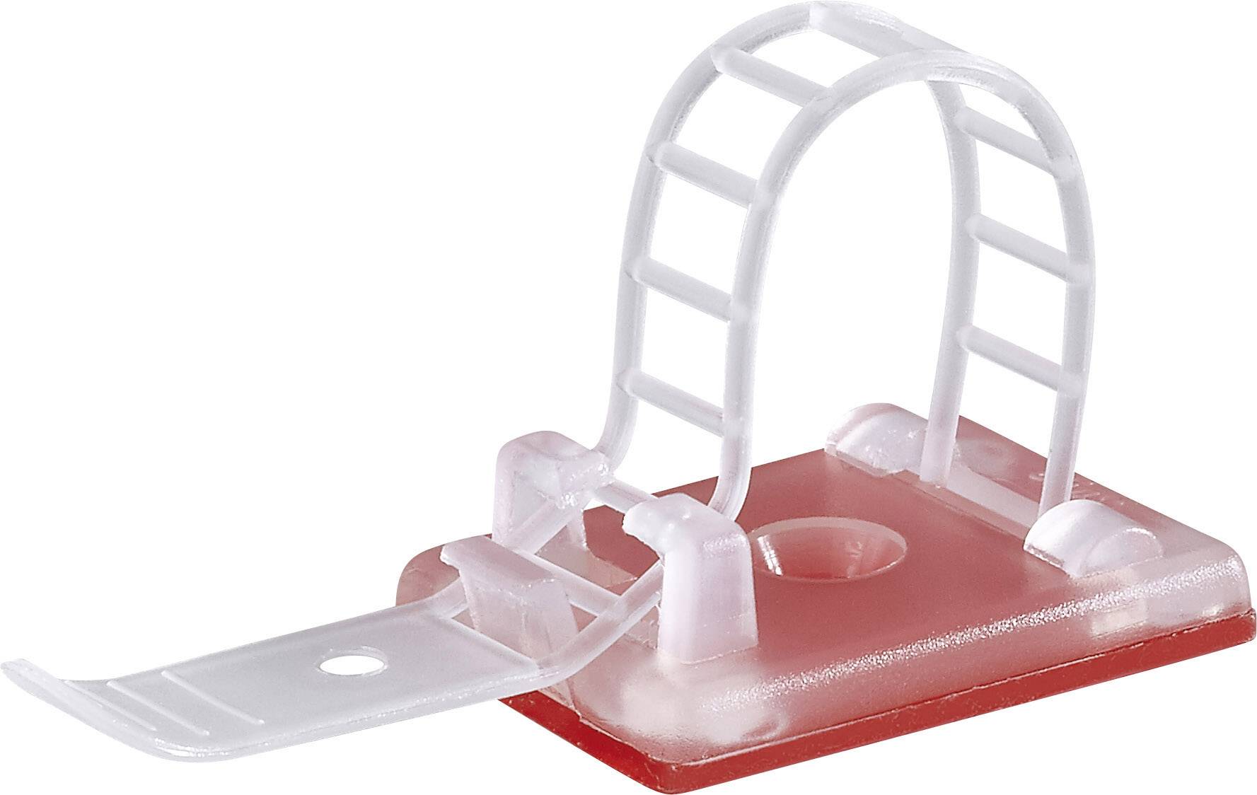 A white, curved cable clip mounted on a red base; designed to securely fasten cables to surfaces.