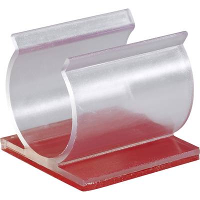 Transparent plastic C-shaped holder with a red base. Used for displaying small objects.