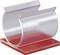 Transparent plastic C-shaped holder with a red base. Used for displaying small objects.