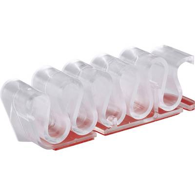 Transparent, flexible plastic cable holder with a red base, suitable for organising cables on work surfaces.