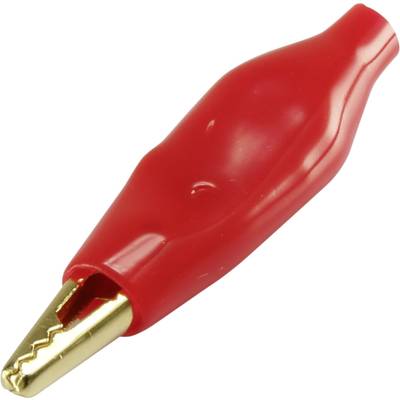Red crocodile clip with insulated handle and metal jaws, used for temporary electrical connection.