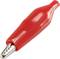 A red crocodile clip with metal teeth, used for securely connecting electrical cables or components.