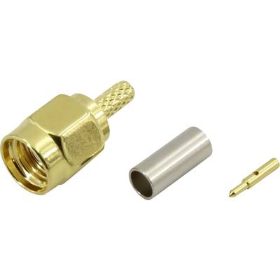 A three-part cable connection set: a golden socket, a silver cylinder, and a small golden pin, arranged linearly.