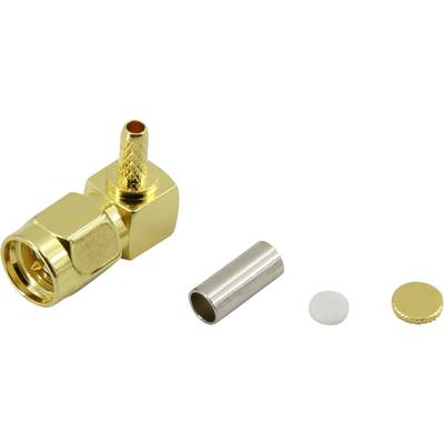 Gold-plated angled SMA plug and accessory parts in linear arrangement.