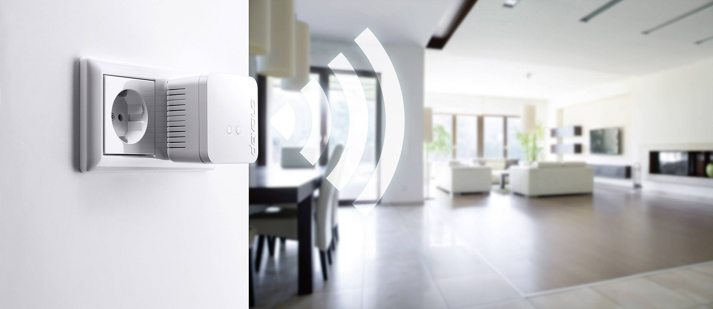 A wall-mounted Wi-Fi plug in the foreground, emitting signal waves. In the background, a modern, bright living room.