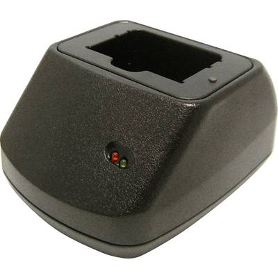 A black charger with two LED indicators, one red and one green. Suitable for charging compact devices.