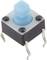 Miniature push button with blue actuator and four metal welding legs, suitable for electronic circuits and equipment control panels.