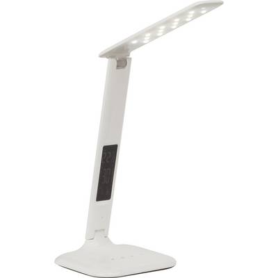 White desk lamp with adjustable arm, LED light and integrated display for temperature and time indication.