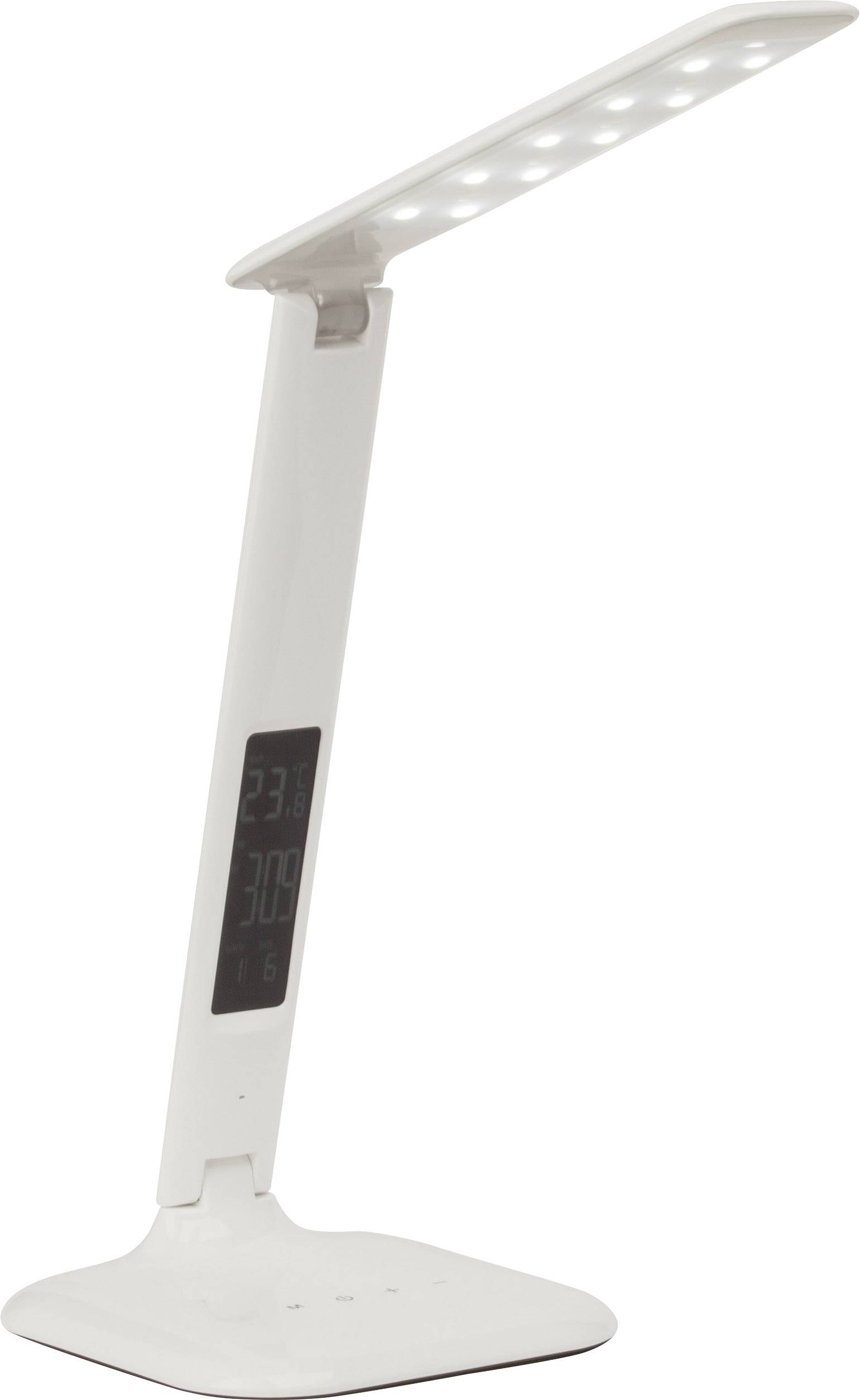 White LED desk lamp with built-in display shows temperature and time.
