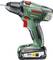 Cordless drill driver with green casing, red accents, and black handle. Brand and model: Bosch PSR 18 LI-2, 18 V, 2.5 Ah.