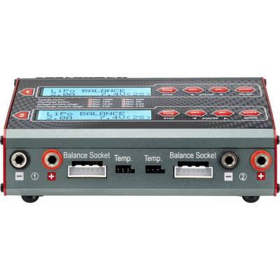Charger for LiPo batteries with dual displays and multiple connection options for charging and monitoring batteries.