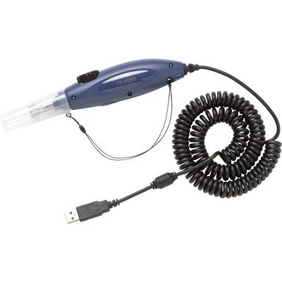 Blue Fibre Microscope with USB Connection and Coiled Cable, Model FI-1000. Device for Inspecting Fibre Optic Cable Connections.