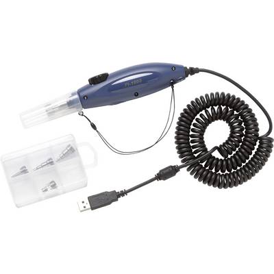 'FL-1000 Soldering Iron' with spiral cable, USB connection and accessory set with three different soldering tips in a plastic box.