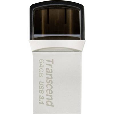 Transcend USB flash drive with '64GB USB 3.1' printed on it, silver casing, black cap.
