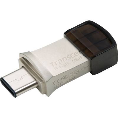 A metal USB-C stick with a black cap, 64 GB storage capacity, brand name and specifications printed on the casing.
