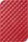 Red, external hard drive by Verbatim with diagonal striped pattern.