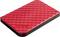 'External hard drive, red with a slightly wavy surface. Verbatim logo in the corner. Portable data storage device.'