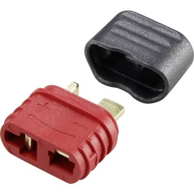 Red and black connector set with a positively and negatively marked terminal. The red section has two metal contacts.