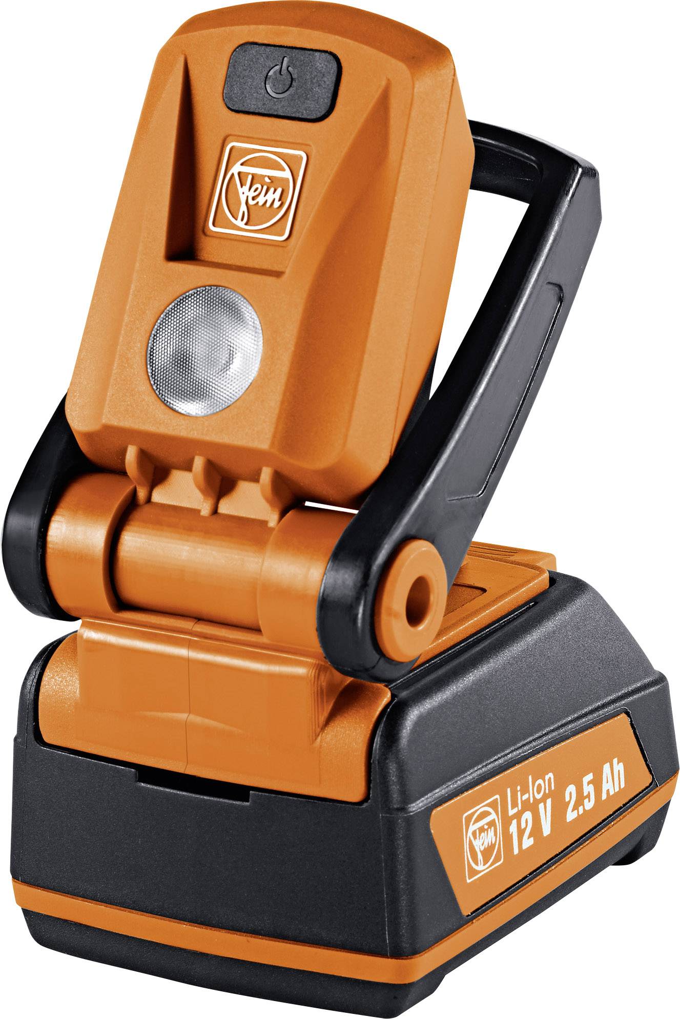 Portable, orange and black LED work light with folding stand and 12V 2.5 Ah lithium-ion battery, suitable for DIY tasks.