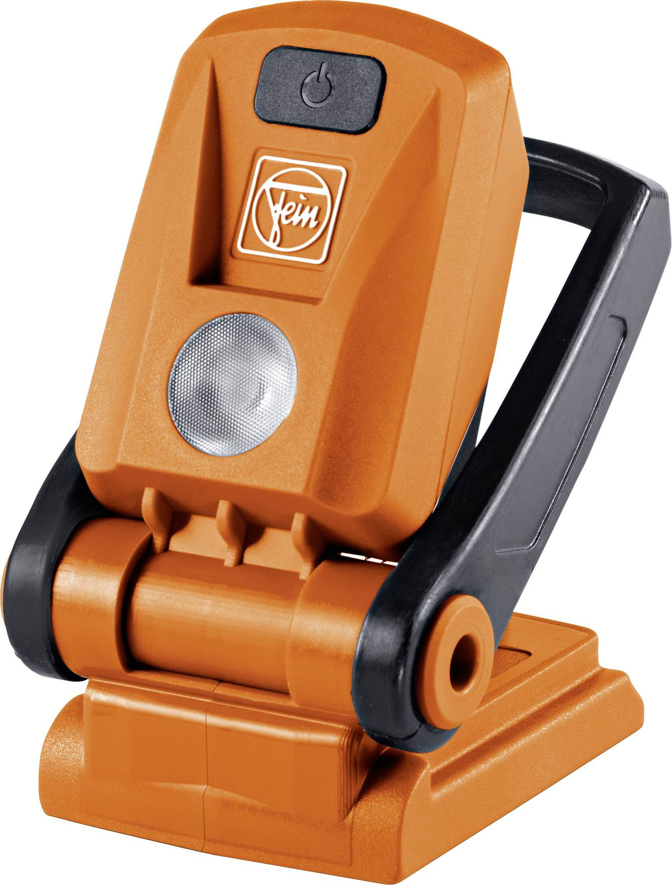An orange electrical device with a black handle, likely a battery-powered work light, featuring a brand logo on the front.