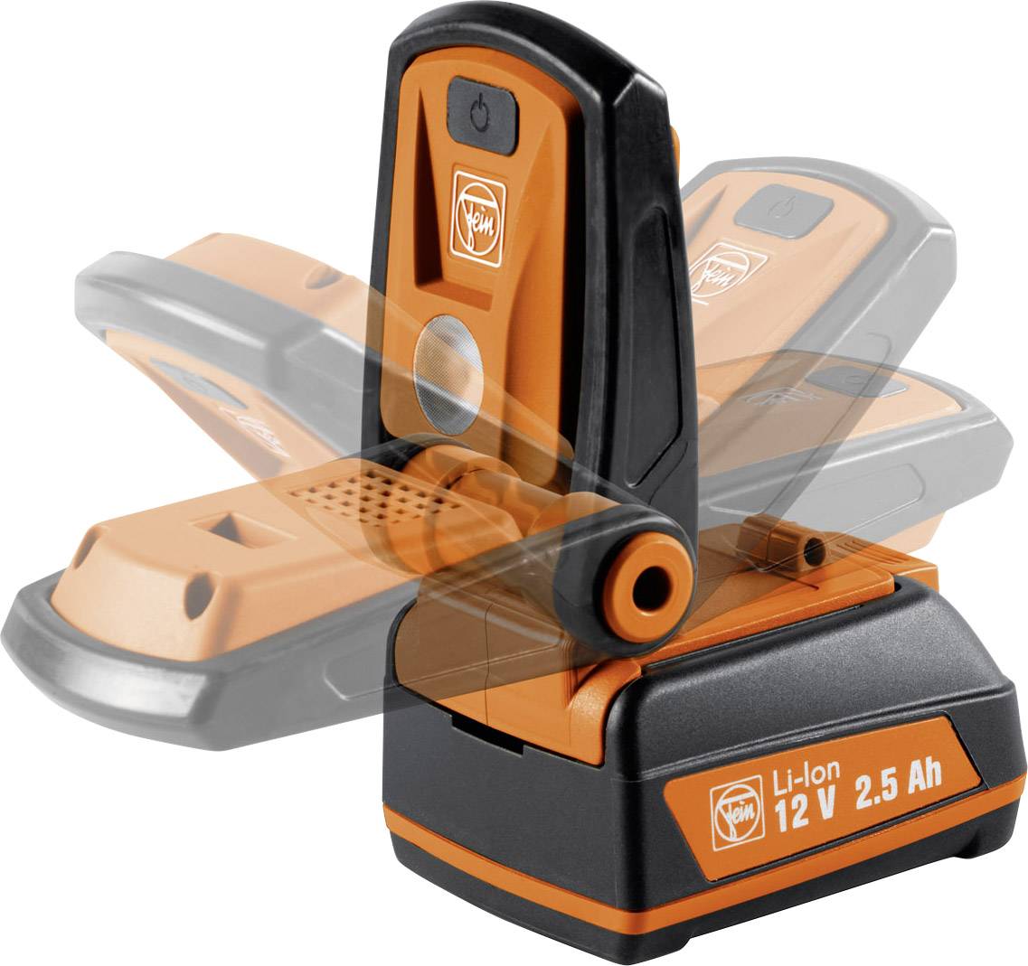 An orange and black compact device with a movable head, which is a 12 V 2.5 Ah Li-Ion battery charger or tool.
