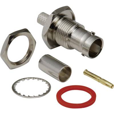 Components of a BNC connector, including metal plug, hexagonal nut, metal sleeve, sealing ring, and contact pin.