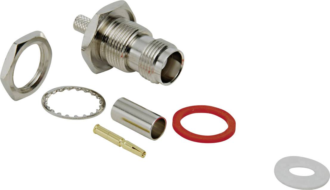 Pin spacing connector: Metal component with threading, red seal, gold-plated pin and additional small mounting components.
