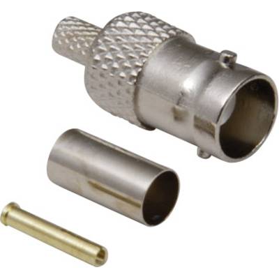 Coaxial cable connector in three parts: main connector, sleeve, and pin. Used for connecting coaxial cables in electrical applications.
