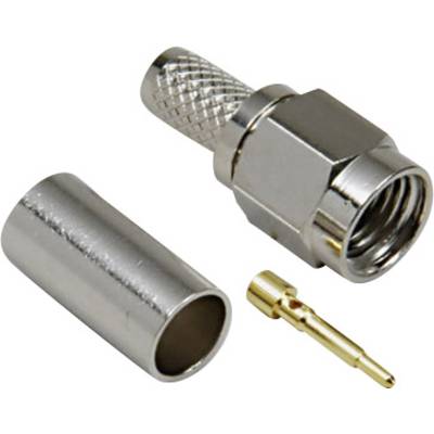 Connector component set comprising a metal housing, a cylindrical sleeve, and a gold-coloured pin, which can be assembled together.
