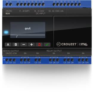 Crouzet em4 Logic Module, black surface, blue base, displays 'em4' text on screen. Features various input and output connections.