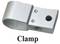 A silver clamp with two screws for fixing and a hole for a rod or pipe. Below it reads 'Clamp'.