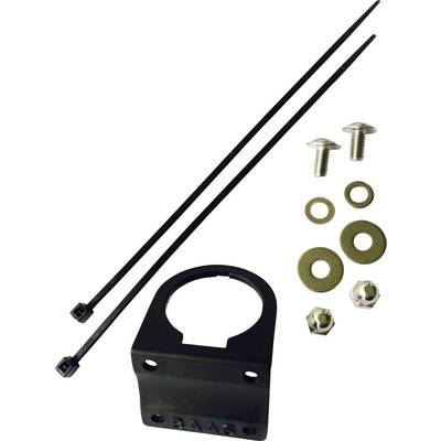 Mounting set consisting of a black mounting clip, two cable ties, two screws, two nuts, and two washers.