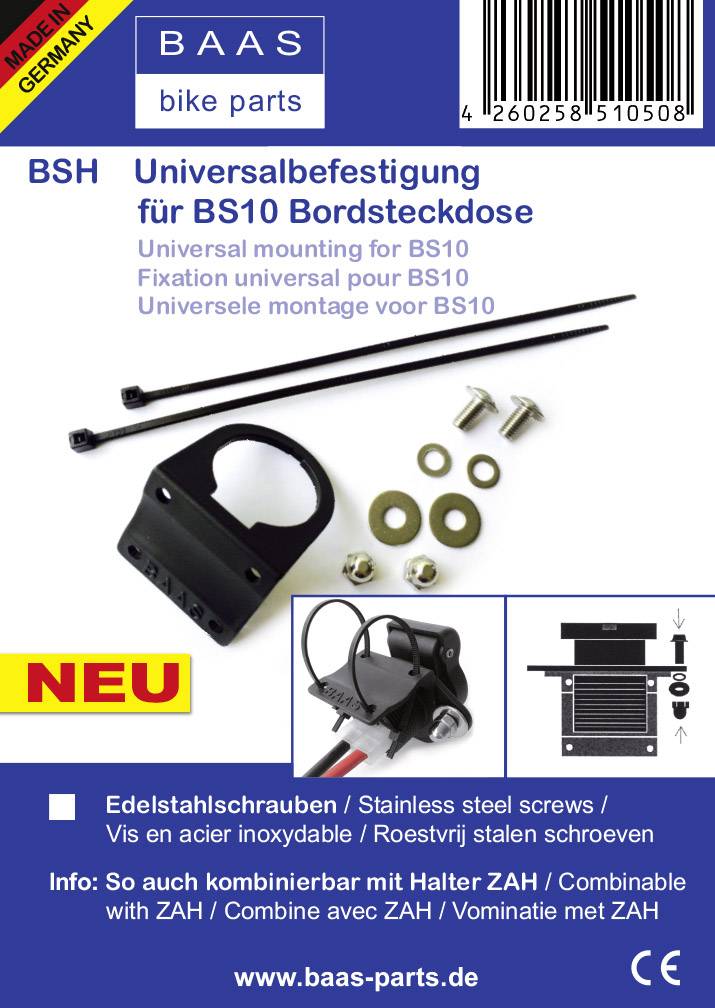 'Advertisement for BAAS Bike Parts: Universal Mounting BSH for BS10 Dashboard Socket. Contains Stainless Steel Screws. Compatible with Holder ZAH.'