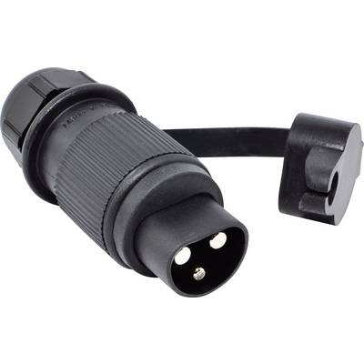 A black, three-pin electrical plug with a protective cover, attached to a cable.