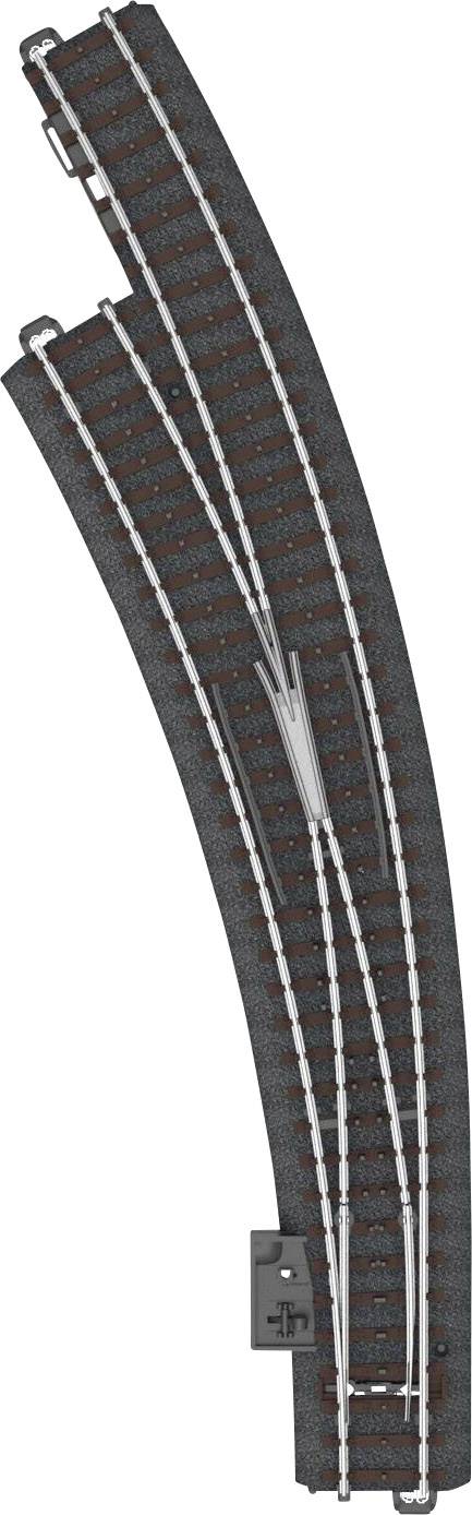 Two curved model railway tracks with a point in the middle that allows a train to switch routes.