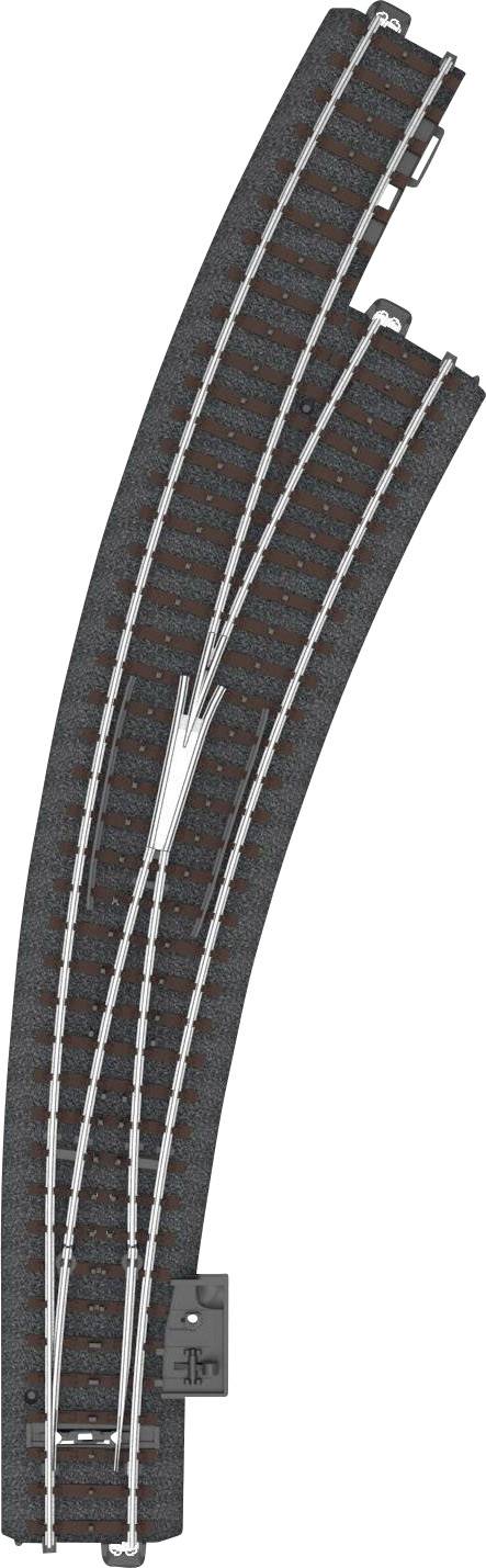 Figure of a curved model railway track junction with two parallel tracks and a points system, suitable for model railway construction.