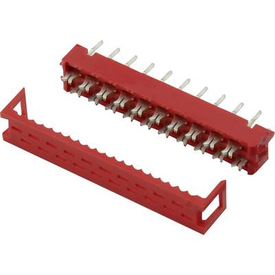 A red, rectangular electrical connector with multiple metal pins. The connector has a removable top section.