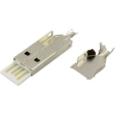 USB plug, opened, showing internal view with metal contacts and housing in two parts.
