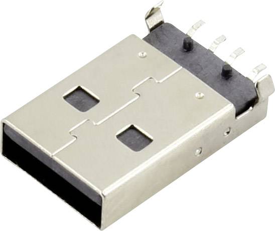 A close-up of a USB plug, showing metal contacts and a rectangular shape.