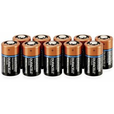 Ten Duracell batteries, type D, laid side by side. They are black and copper-coloured, with clear plus and minus markings.