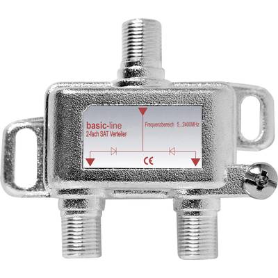 'SAT distributor basic-line, 2-way, frequency range 5-2400 MHz, silver housing with three connections.'