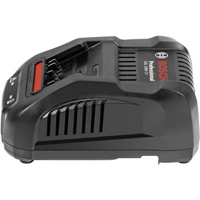 Black and red Bosch charger, model GAL 18V-40, for professional applications. Side view shows ventilation slots and charging port.