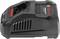 Black and red Bosch charger, model GAL 18V-40, for professional applications. Side view shows ventilation slots and charging port.
