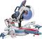 A blue and red mitre saw with a large saw blade. It is used for cutting wood and other materials.