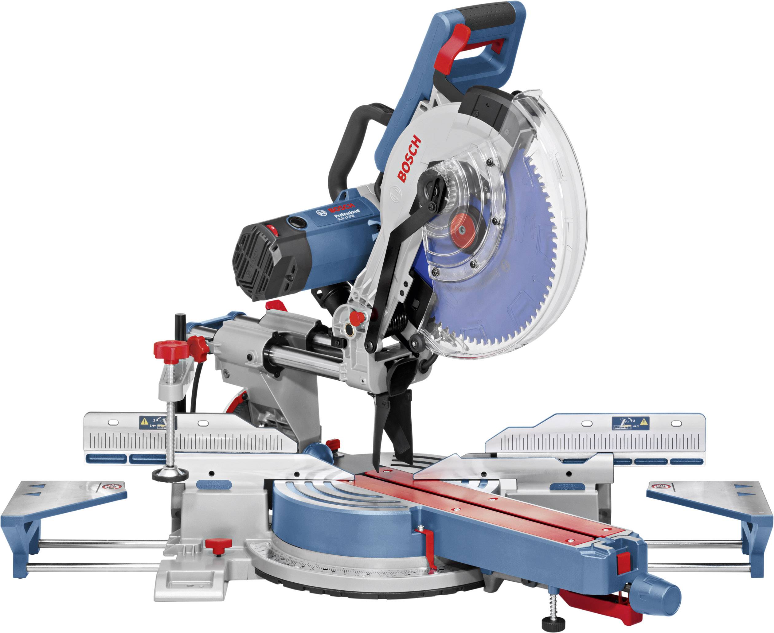 An electric mitre saw with a blue and red design. It features a large, toothed saw blade and adjustable guide rails.