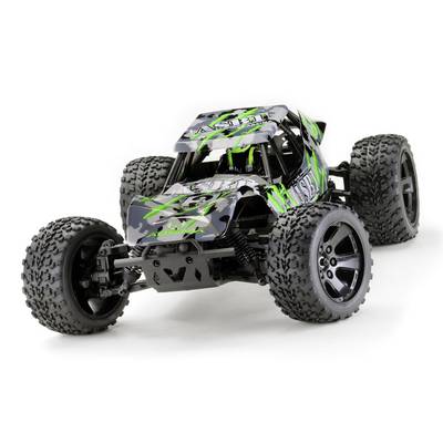 A remote-controlled car with large, deeply treaded tyres and a sporty design in black and green, suitable for off-road use.