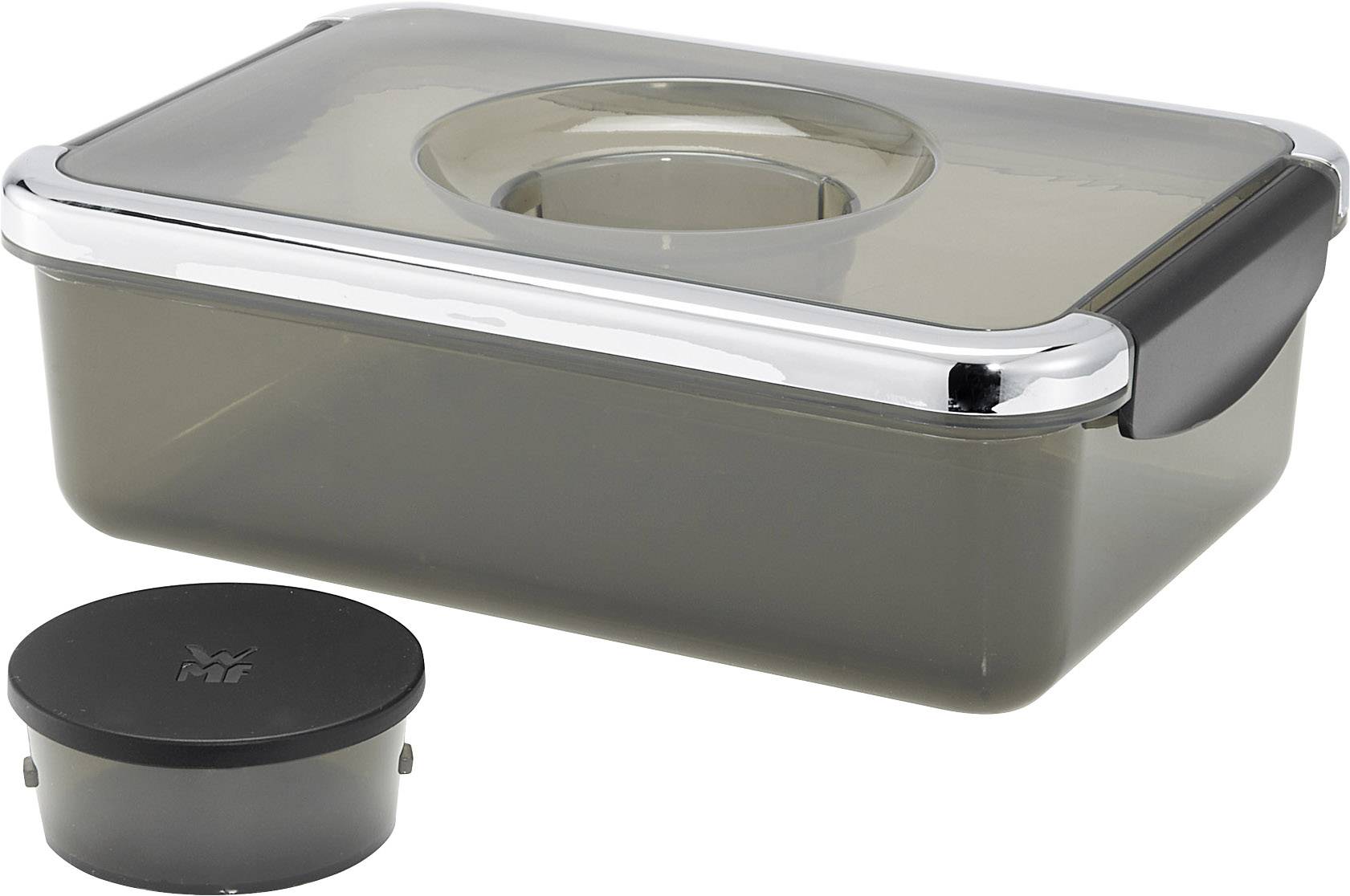 A transparent, rectangular storage container with a black lid and integrated seal. Beside it lies a separate round lid.