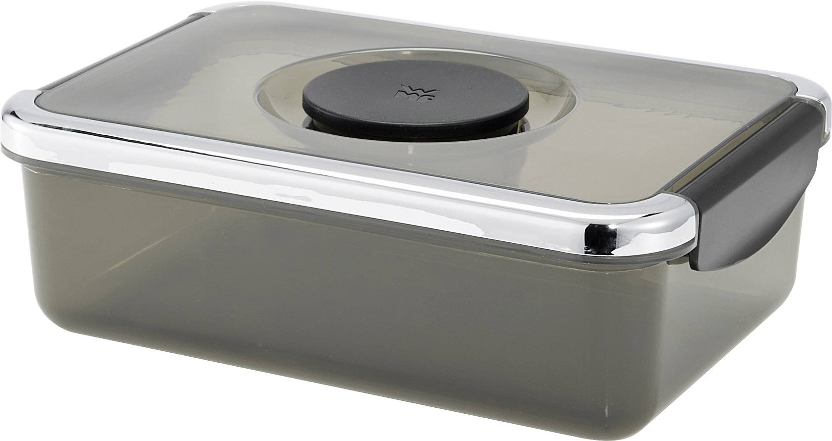 Rectangular food storage container with a grey transparent lid, black handle, and silver edges, resting on a white background.