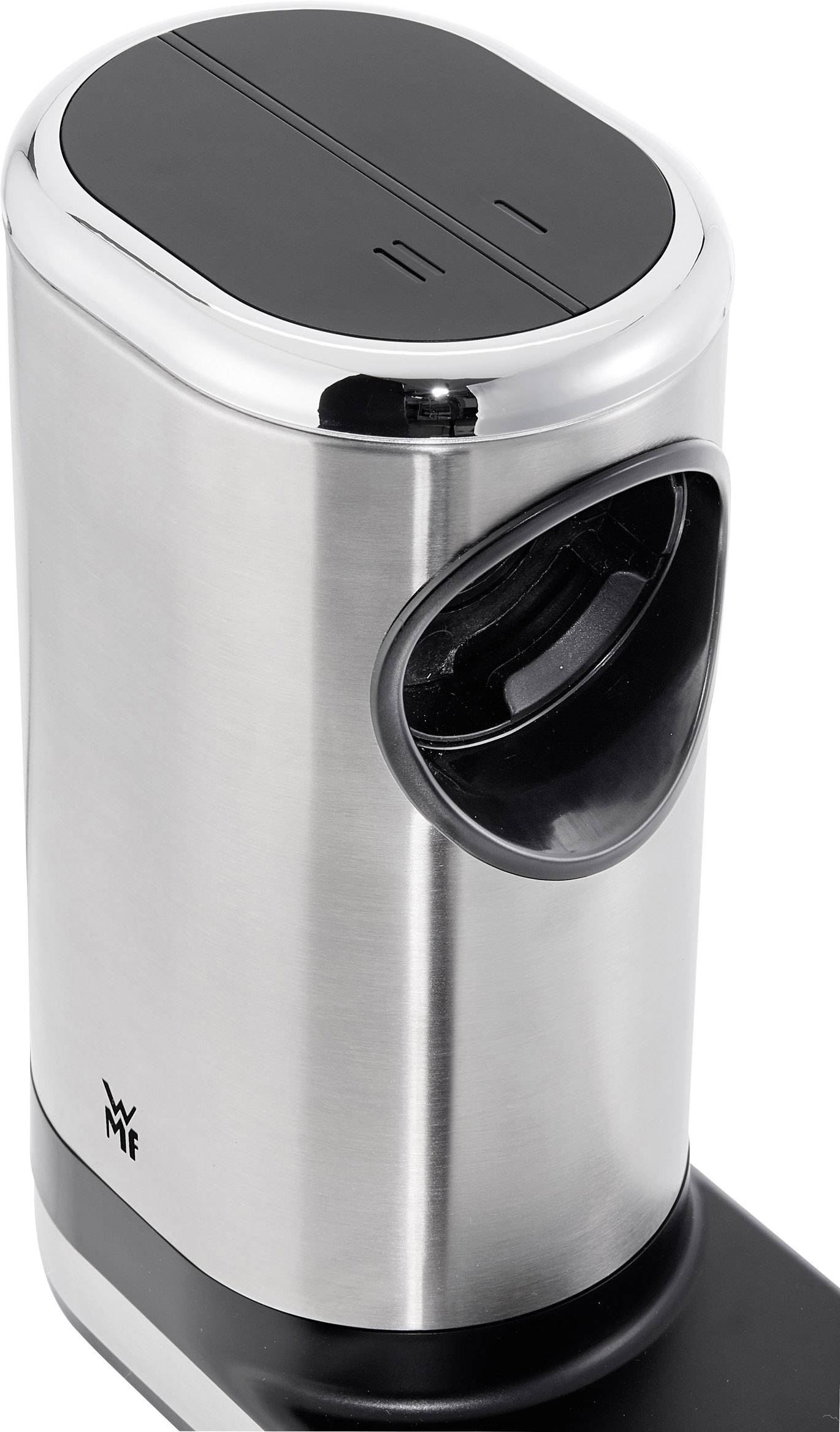Electric salt and pepper mill set made of stainless steel with side viewing window and black top, modern and stylish.